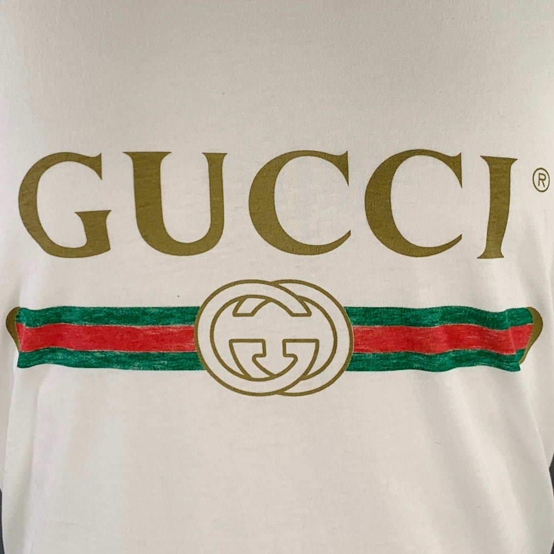 GUCCI Size S White Red Green Logo Cotton Crew-Neck T-shirt