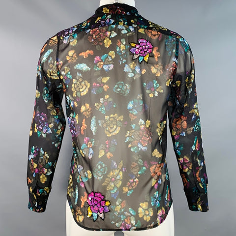 DRIES VAN NOTEN Size XS Black Multi Color Floral Sequined Long Sleeve Shirt