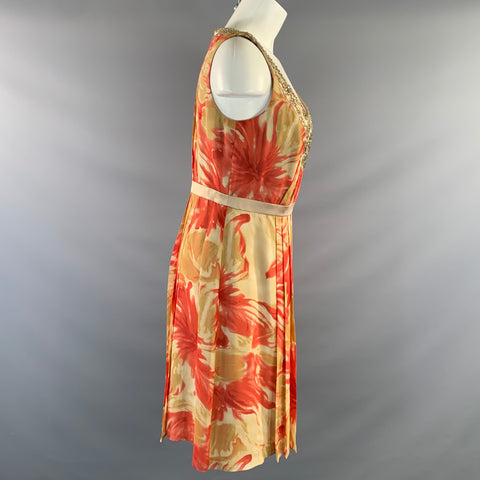 CARMEN MARC VALVO Size 6 Tan Coral Silk Floral Pleated Knee Length Dress