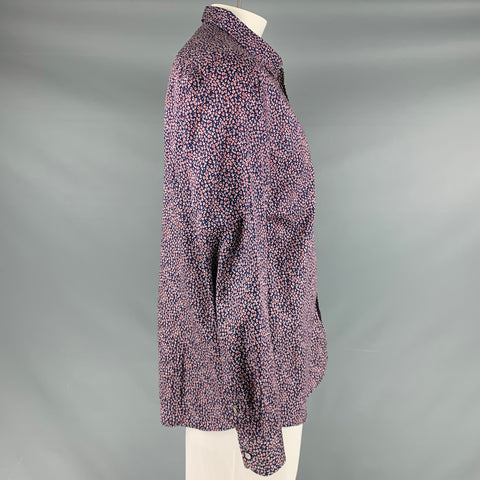 TED BAKER Size XL Navy Red Animal Print Cotton Button Up Long Sleeve Shirt