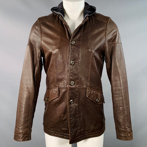 JOHN VARVATOS Size M Brown Black Leather Two Pockets Hooded Jacket