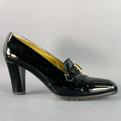 BOTTEGA VENETA Size 9 Black Gold Patent Leather Buckle Pumps