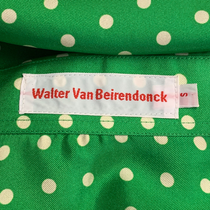 WALTER VAN BEIRENDONCK SS20 Size S Green Cream Polka Dot Silk Twill Long Sleeve Shirt