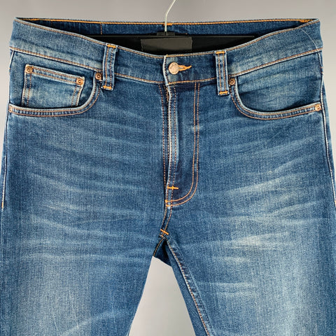 NUDIE JEANS Size 30 Lean Dean Blue Contrast Stitch Cotton Blend Slim Straight Jeans