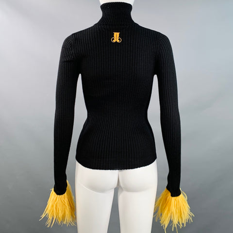 LA DOUBLEJ Size S High Kick Black Yellow Cashmere Silk Knit Turtleneck Ostrich Feathers Dress Top