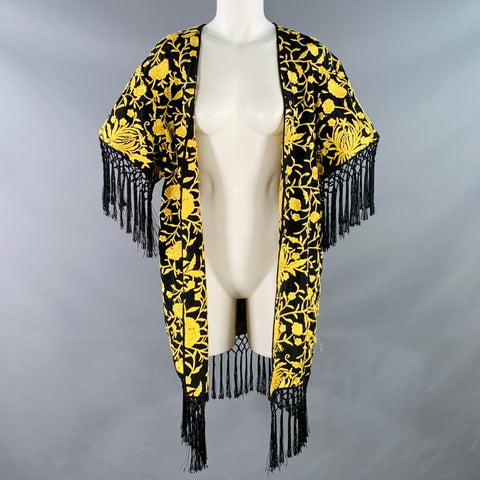 ALICE + OLIVIA Size XS/S Black Yellow Silk Embroidered Open Front Fringe Coat