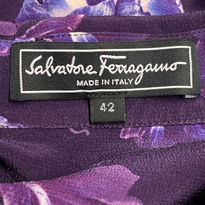 SALVATORE FERRAGAMO Size 6 Purple White Crepe Floral Hidden Buttons Shirt
