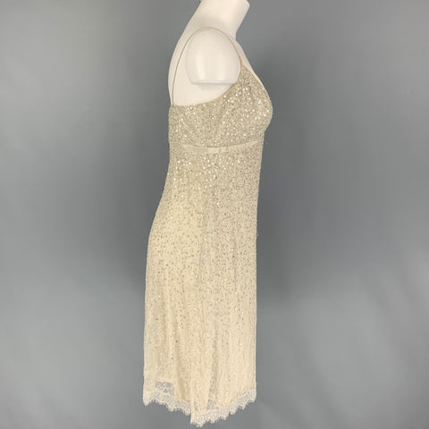CARMEN MARC VALVO Taille 6 Robe de cocktail à bretelles spaghetti en dentelle blanc cassé et paillettes