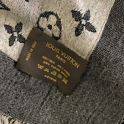 LOUIS VUITTON Silver Black Logo Silk Wool Scarf