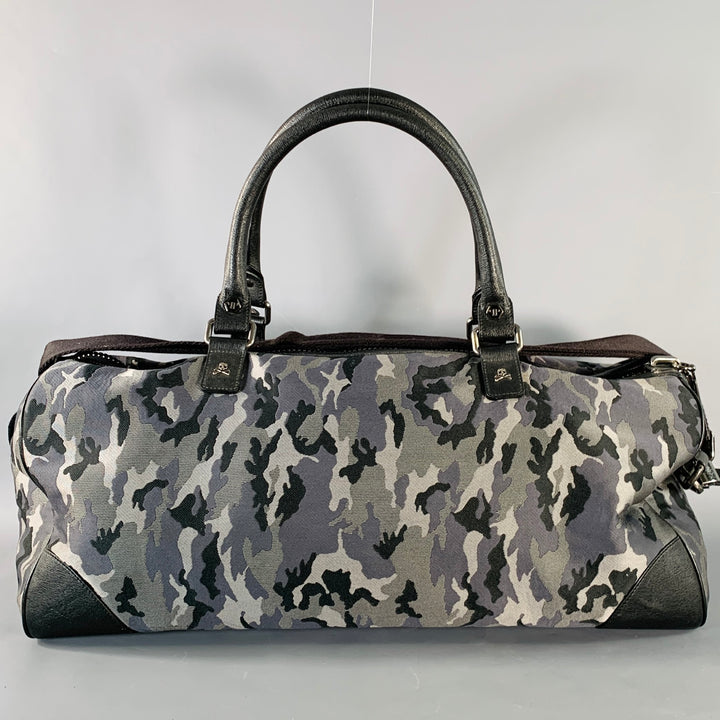 PHILIPP PLEIN Grey Black Camouflage Saffiano Leather Canvas Duffle Bag