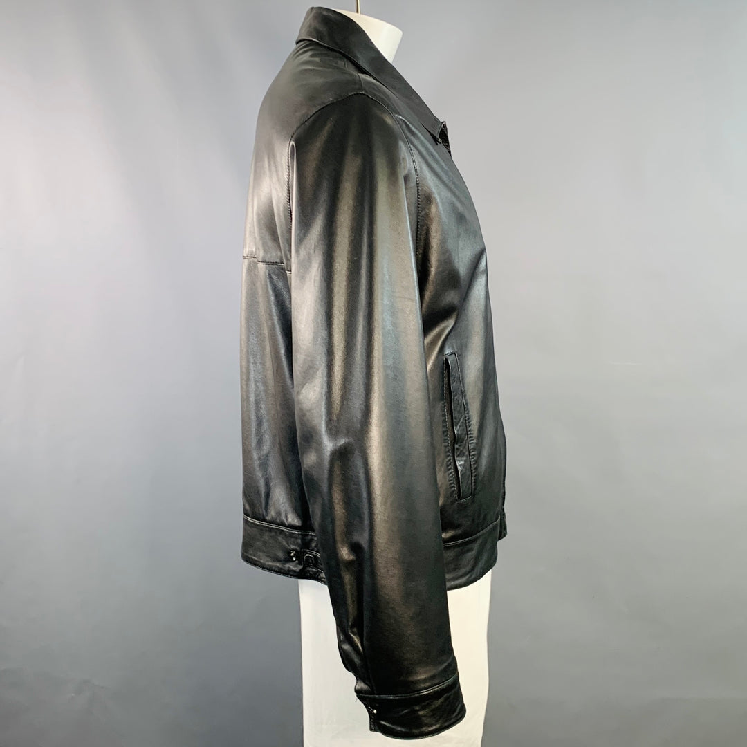 SALVATORE FERRAGAMO Size 42 Black Leather Zip Up Jacket