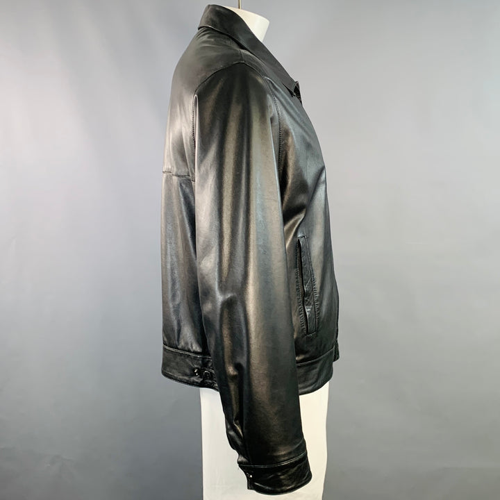 SALVATORE FERRAGAMO Size 42 Black Leather Zip Up Jacket