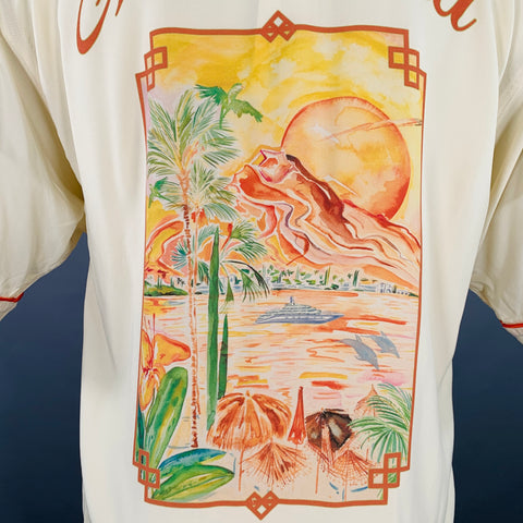 HOMIE'S MARBELLA Size M Marbelland Beige Orange Contrast Trim Viscose Short Sleeve Shirt