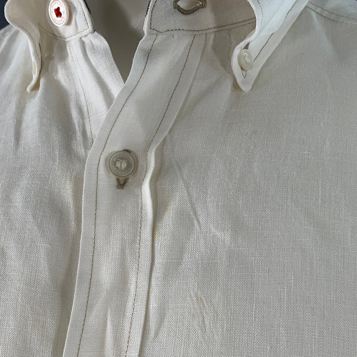 BURBERRY BRIT Size S White Taupe Contrast Stitch Button Down Collar Linen Long Sleeve Shirt