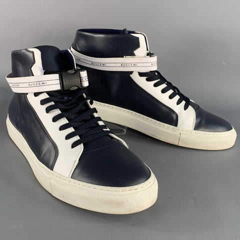 BUSCEMI Size 11 100MM Navy White Two Toned Leather High Top Sneakers