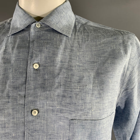 LORO PIANA Size L Blue Heather Flax Button Up Long Sleeve Shirt