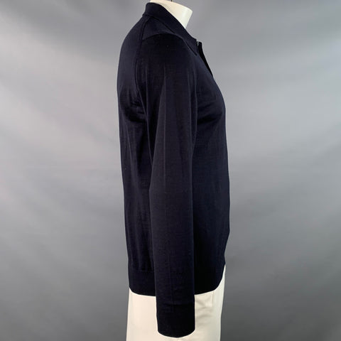 PRADA Size L Black Virgin Wool Jersey Long Sleeve Polo