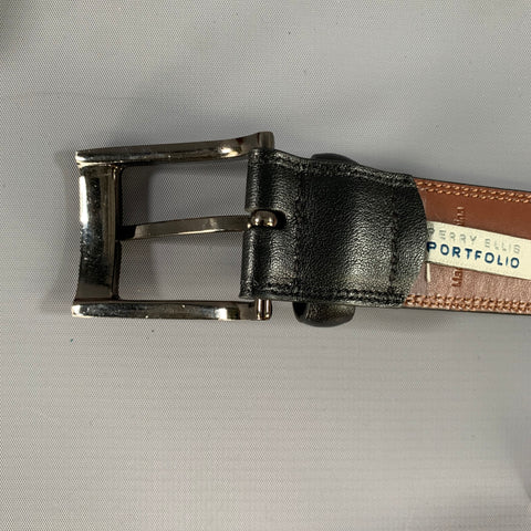 PERRY ELLIS Size 44 Black Brown 1P32030 Full Grain Leather Bonded Leather Belt