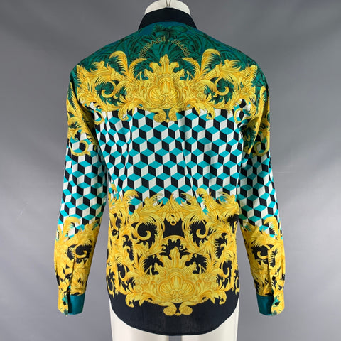 VERSACE JEANS Size S Green Gold Print Cotton Button Up Long Sleeve Shirt