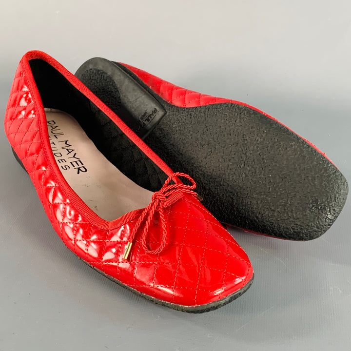 PAUL MAYER Size 9 Red Patent Leather Quilted Bow Flats