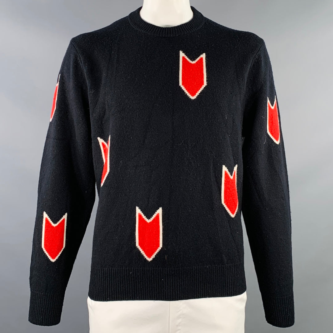 RAG & BONE Size XL Black Red Abstract Merino Wool Crew Neck Sweater