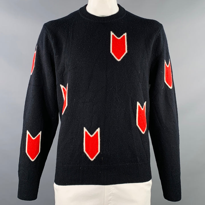 RAG & BONE Size XL Black Red Abstract Merino Wool Crew Neck Sweater