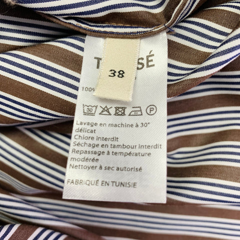 TRESSE' Size 2 Brown Black White Cotton Stripe Ruched Button Up Casual Top