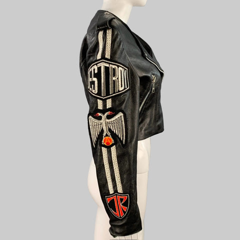 Blouson de Motard JOHN RICHMOND Taille M Noir Argent Patchs en Cuir Poches Zippées