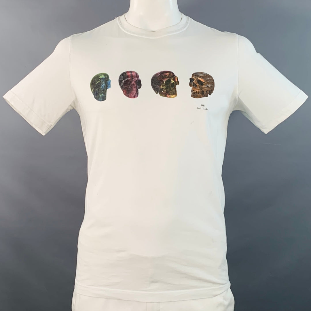 PAUL SMITH Size L White Multi Color Skulls Cotton Crew Neck T-shirt