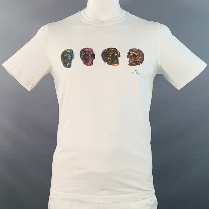 PAUL SMITH Size L White Multi Color Skulls Cotton Crew Neck T-shirt