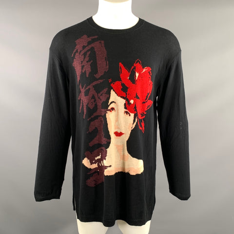 YOHJI YAMAMOTO Size M Black Red multi color Knit Cotton Oversized Pullover