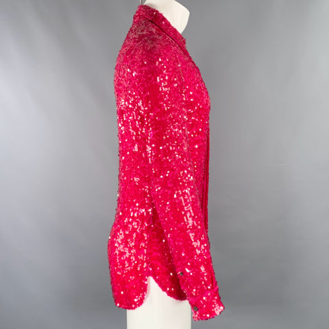 DRIES VAN NOTEN FW22 Size S Red Sequined Viscose Hidden Placket Long Sleeve Shirt