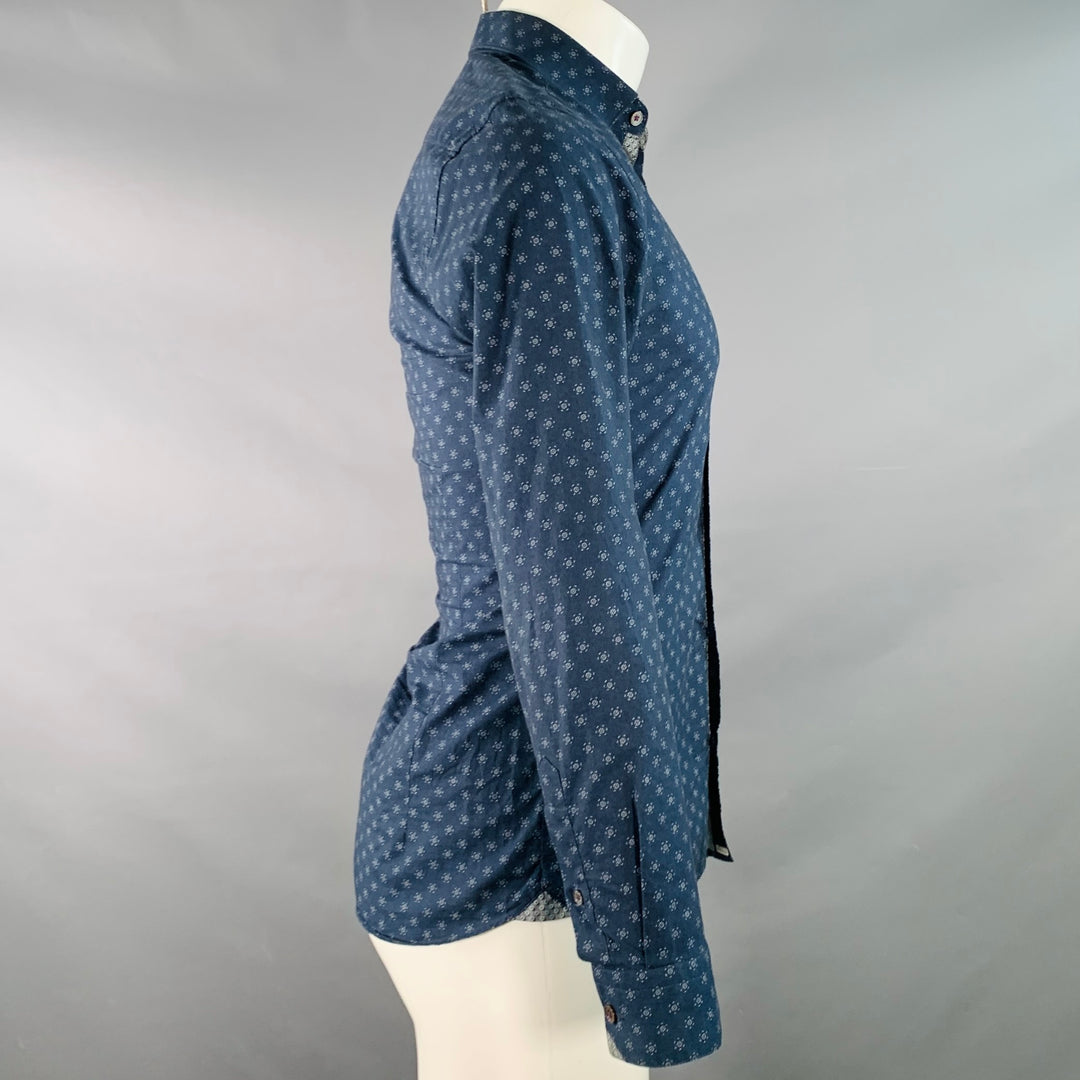 TED BAKER Size XS Hexwiz Navy White Circles Cotton One Pocket Long Sleeve Shirt