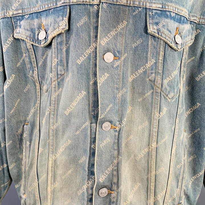 BALENCIAGA Size S Blue White Monogram Cotton Denim Oversized Jacket