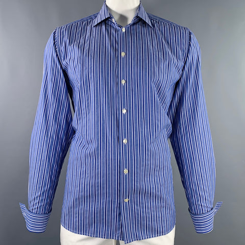 Chemise Eton en coton à rayures bleues et blanches, coupe incurvée, col cutaway, manches longues, taille L