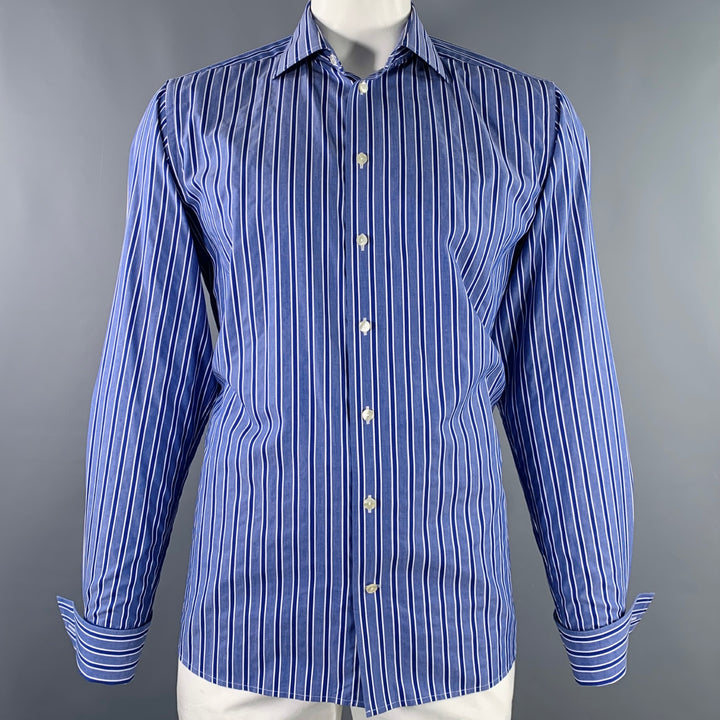 ETON Size L Blue White Stripe Cotton Curved Cutaway Long Sleeve Shirt