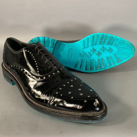 JOHN RICHMOND Size 11 Black Rhinestone Patent Leather Cap Toe Lace Up Shoes