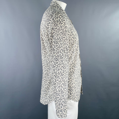 JOHN VARVATOS Size L Off White Navy Leaves Cotton One Pocket Long Sleeve Shirt