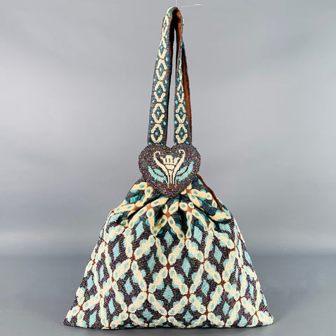 MURIEL BRANDOLINI Blue Brown White Beaded Hand Embroidered Cotton Handbag