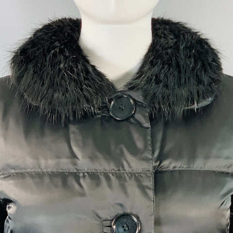 PRADA Size 6 Black Polyamide Quilted Fur Collar Button Down Coat