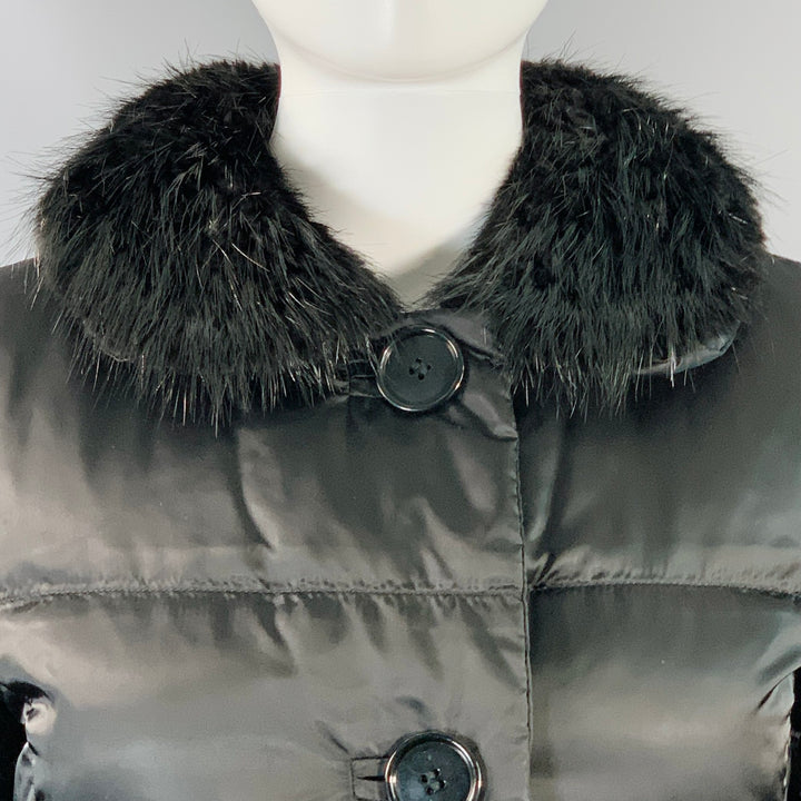 PRADA Size 6 Black Polyamide Quilted Fur Collar Button Down Coat