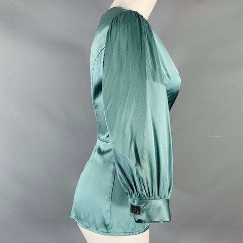 NANETTE LEPORE Size 8 Teal Silk Blend Ruched V-Neck Blouse