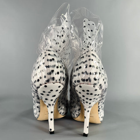 MIDNIGHT 00 Size 7.5 White Black Tulle Polka Dot Leather Trim Stiletto Heels Pumps