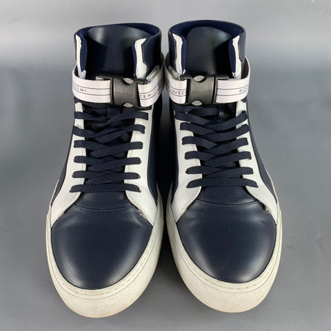 BUSCEMI Size 11 100MM Navy White Two Toned Leather High Top Sneakers