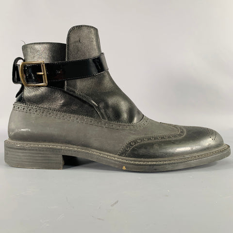 VIVIENNE WESTWOOD Size 12 Black Dark Grey Perforated Rubber Ankle Strap Boots
