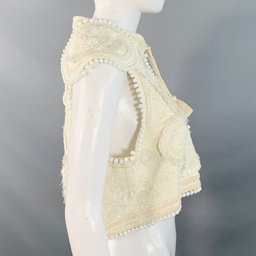 FIGUE Size S Cream Cotton Embellished Beaded Fringe Cap Sleeve Vest
