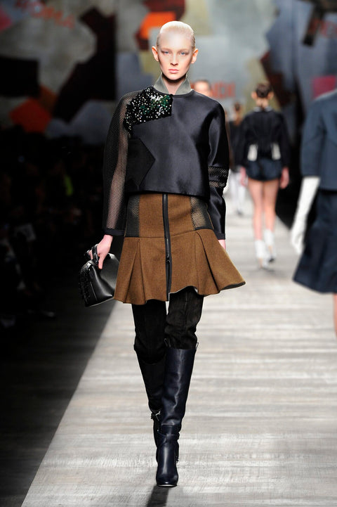FENDI Fall 2014 Size 6 Navy Green Polyamide Blend Patchwork Back Zip Casual Top