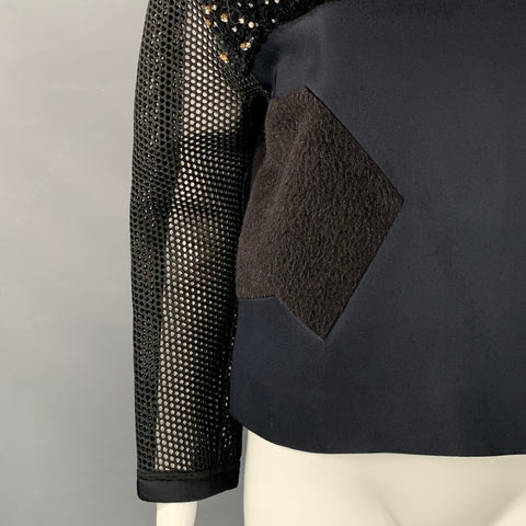 FENDI Fall 2014 Size 6 Navy Green Polyamide Blend Patchwork Back Zip Casual Top