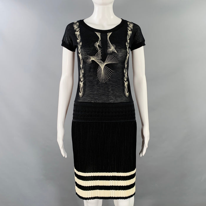 JEAN PAUL GAULTIER Size S Black Cream Jersey Embroidered Cap Sleeves Dress