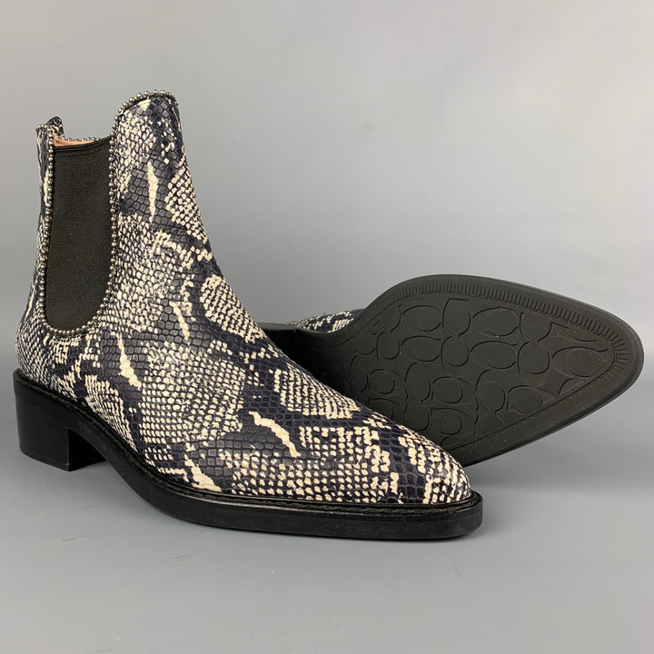 COACH Talla 11 Botas de piel de serpiente sintética en relieve en blanco y negro